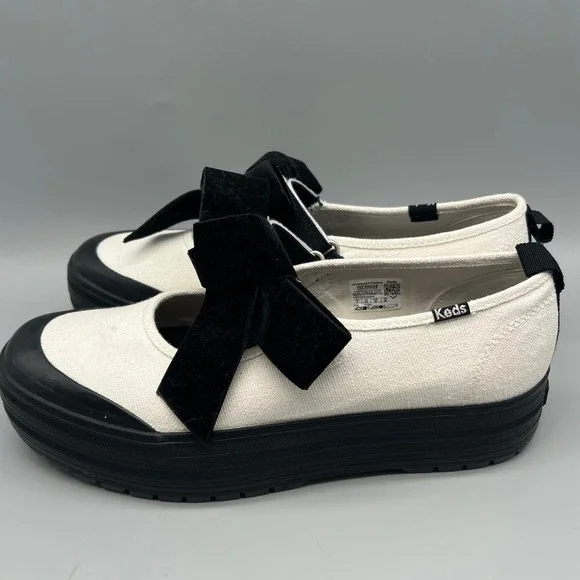 Keds Triple Up Mary Jane Platform Sneakers White Canvas Black Velvet Bow WF68249 - Picture 6 of 8